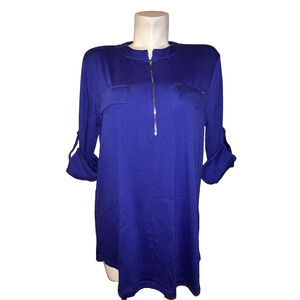 New YA YA BAY Top Women's Size 3XL Royal Blue Zip Neck Roll Tab LS Shirt Tunic